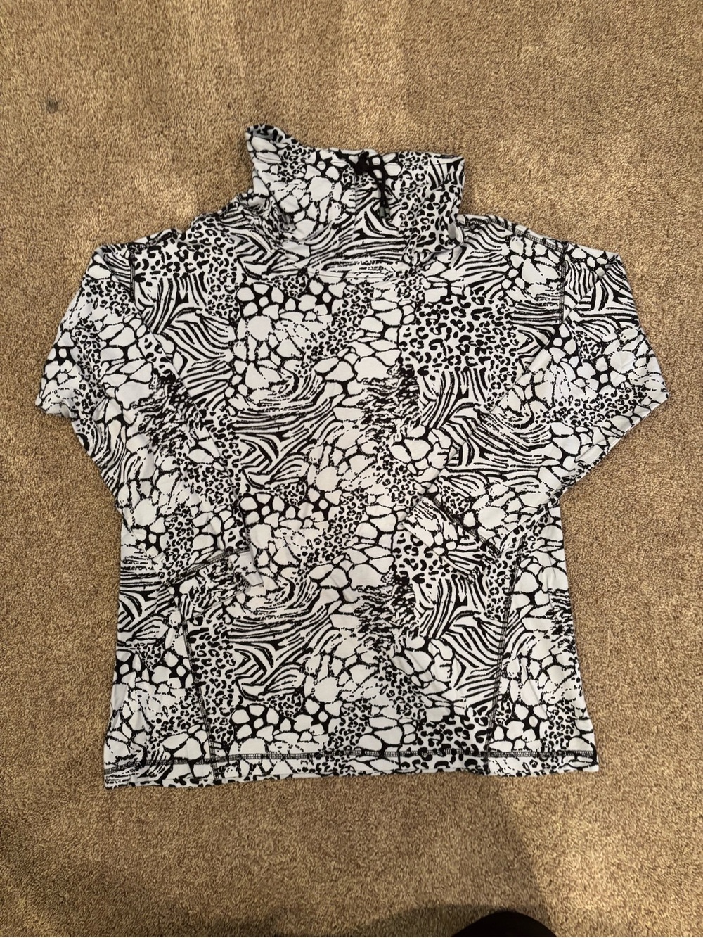 Black & White Animal-Print Turtleneck Long Sleeve Top